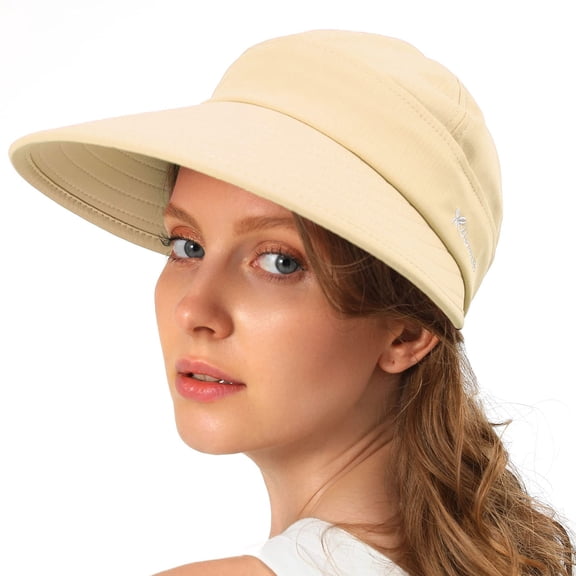 Sun Hats for Womens, Wide Brim Visor UV Protection Dual Purpose Hat for Beach Summer Soft Lightweight Breathbale Packable Cap, Beige