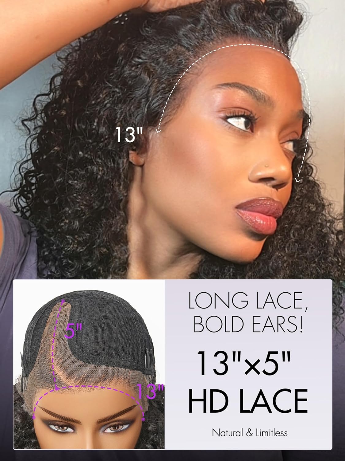 LUVME 100% Real Human Hair 18" HD Lace Frontal Wig Deep Curly Drawstring Cap Glueless Pre Cut Plucked for Women