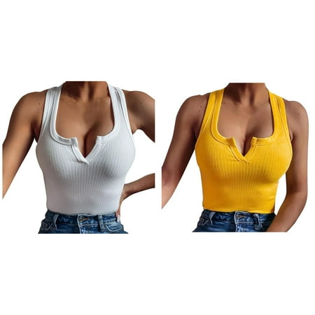 

Betiyuaoe 2PCS Womens Summer Tops Ribbed Solid-color Camisole Women Open Back Womens Tops Halter-neck Slim-fit Knit