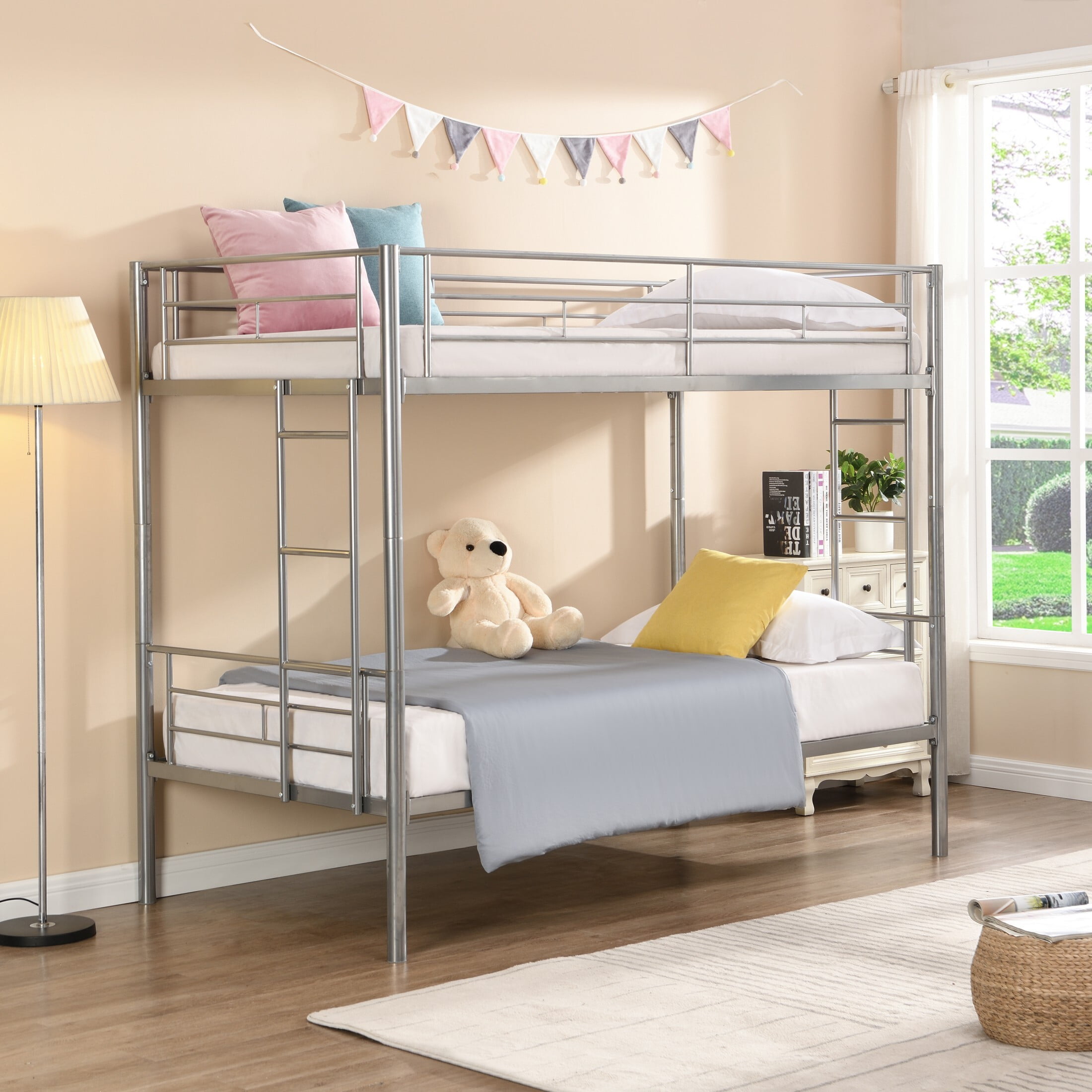 DEALTOPS Metal Bunk Bed Twin Over Twin, Durable Bunk Bed with Ladder and Full-Length Guardrail, Silver