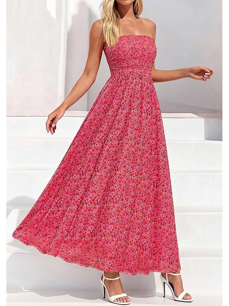 ladies strapless summer dresses Prettygarden Women Strapless Maxi Dress Summer Floral Tube Top Ruched Beach Spring Wedding Guest Long Dresses, Women's, Size: Large, Red