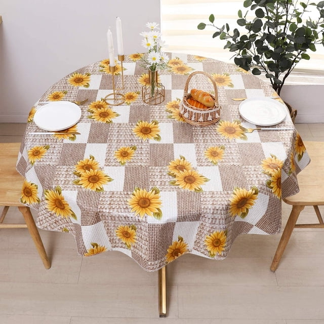 Vinyl Tablecloth with Flannel Backed Waterproof Oil-Proof PVC Table Cloth Wipeable Spill-Proof Plastic Table Cover for Indoor and Outdoor(Sunflower, 60 x 60 Inch Round) Sunflower 60 x 60 Inch Round