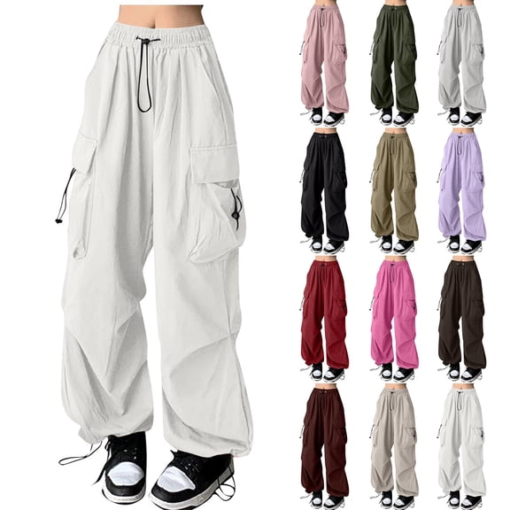 Cargo Pants Women High Waisted Wide Leg Baggy Parachute Pants Y2k Streetwear Casual Loose Fit Hiking Pant White M