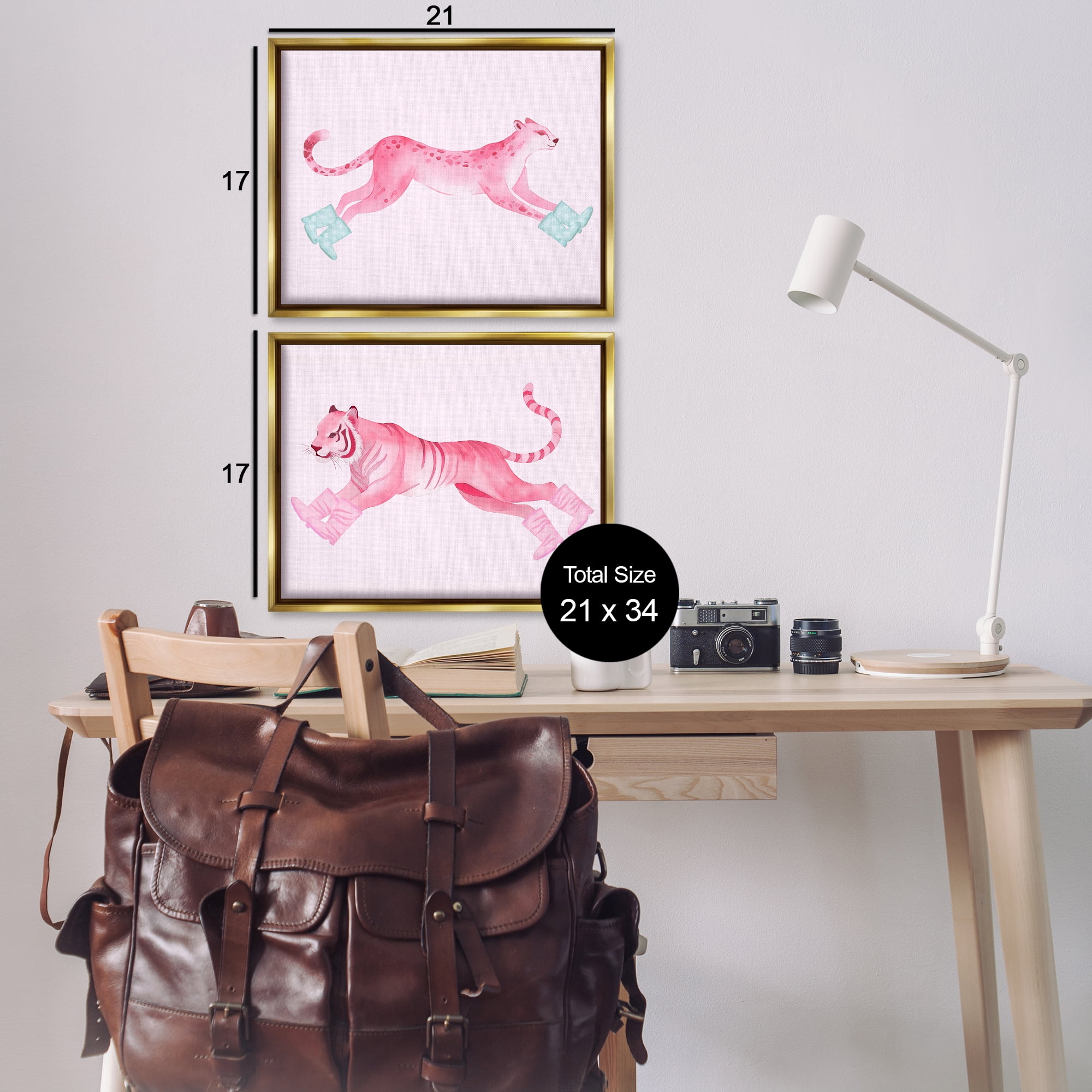 Stupell Industries Sprinting Jungle Animals in Boots Animals Painting Gold Floater Framed Canvas Art Print Wall Art, 21 x 17, Set of 2