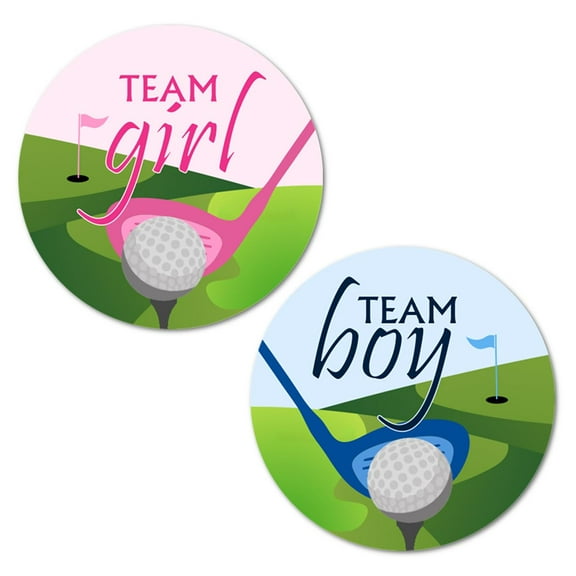 40 Team Boy Team Girl Gender Reveal Stickers, Golf Themed 2 Inch Big Round Glossy Labels, Pink and Blue Decals, Great for Baby Shower Party Favors, Tags, Games And Supplies. Made in USA