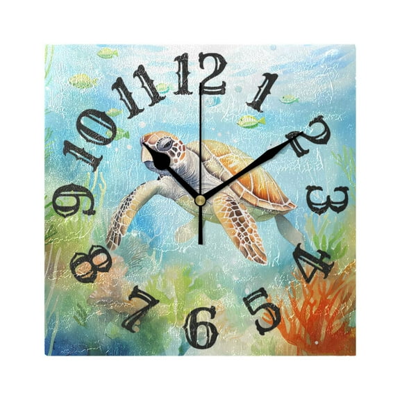 Turtle Fish Sea Waterweed Wall Clock Square Silent Non Ticking Battery Operated Clock for Home Bathroom Kitchen Bedroom Living Room