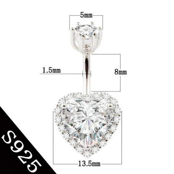 DESIGNICE 925 Sterling Silver Belly Button Ring Women Fine Jewelry Heart Body Piercing Jewelry, 6 8 10 mm Navel Bar with Zircon Stones