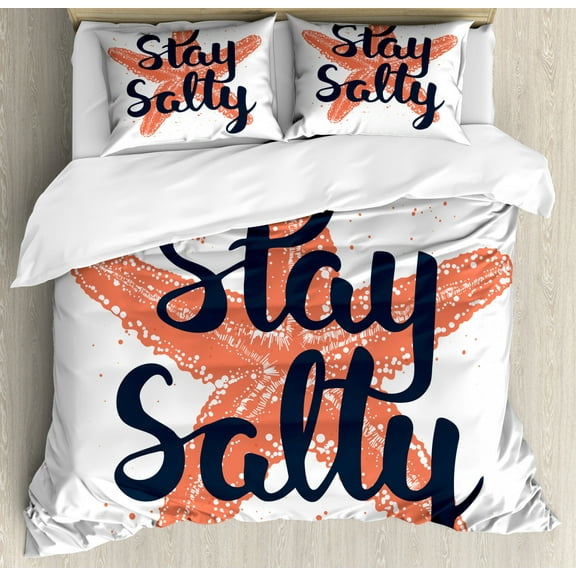 Beach Saying Duvet Cover Set Queen Size, Stay Salty Phrase with Engraved Sketch Artwork of The Starfish, Decorative 3 Piece Bedding Set with 2 Pillow Shams, Vermilion and Dark Blue, by Ambesonne