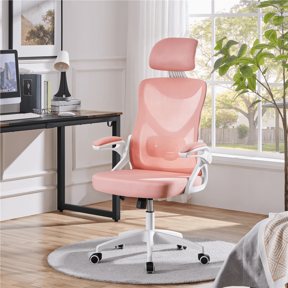Alden Design Mesh Office Chair with Adjustable Padded Headrest Adult, White/Pink
