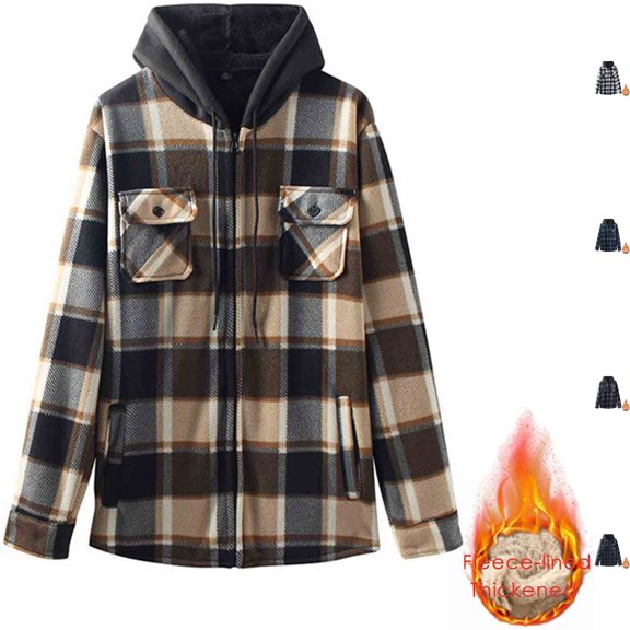 Men's Fleece Lined Flannel Shacket Hooded Plaid Shirt Jacket Heavyweight Full Zip Warm Workwear Outerwear with Pockets for Fall Winter Outdoor, Khaki, XL