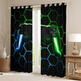 thumbnail image 2 of Feelyou Neon Glowing Gamepad Blackout Curtains Set of 2 (52x84 Each) for Kids, Blue Green Honeycomb Window Curtains, Video Game Console Curtains and Drapes, Living Room Curtains Decor, 2 of 6