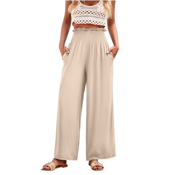 REALiKUN Wide Leg Flowy Lounge Pants for Women Smocked Elastic Waisted Loose Palazzo Casual Dressy Business Work Trousers