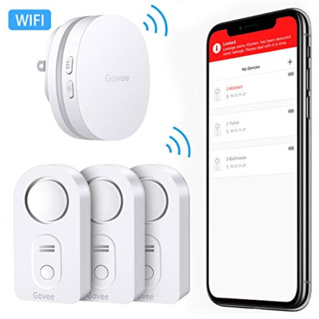 govee wifi water leak detector, smart app leak alert, wireless water sensor  and alarm with email, notification, app alerts, remote monitor leak for 