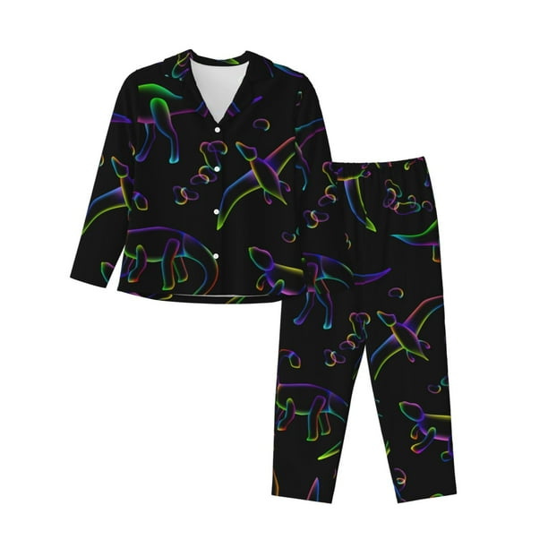 Balery Dinosaur Conjunto de Pijama con Estampado para Mujer, Conjunto de Dos Piezas con Manga Larga, Ropa de Dormir Suave con Bolsillos, Pijamas Cómodos-Small