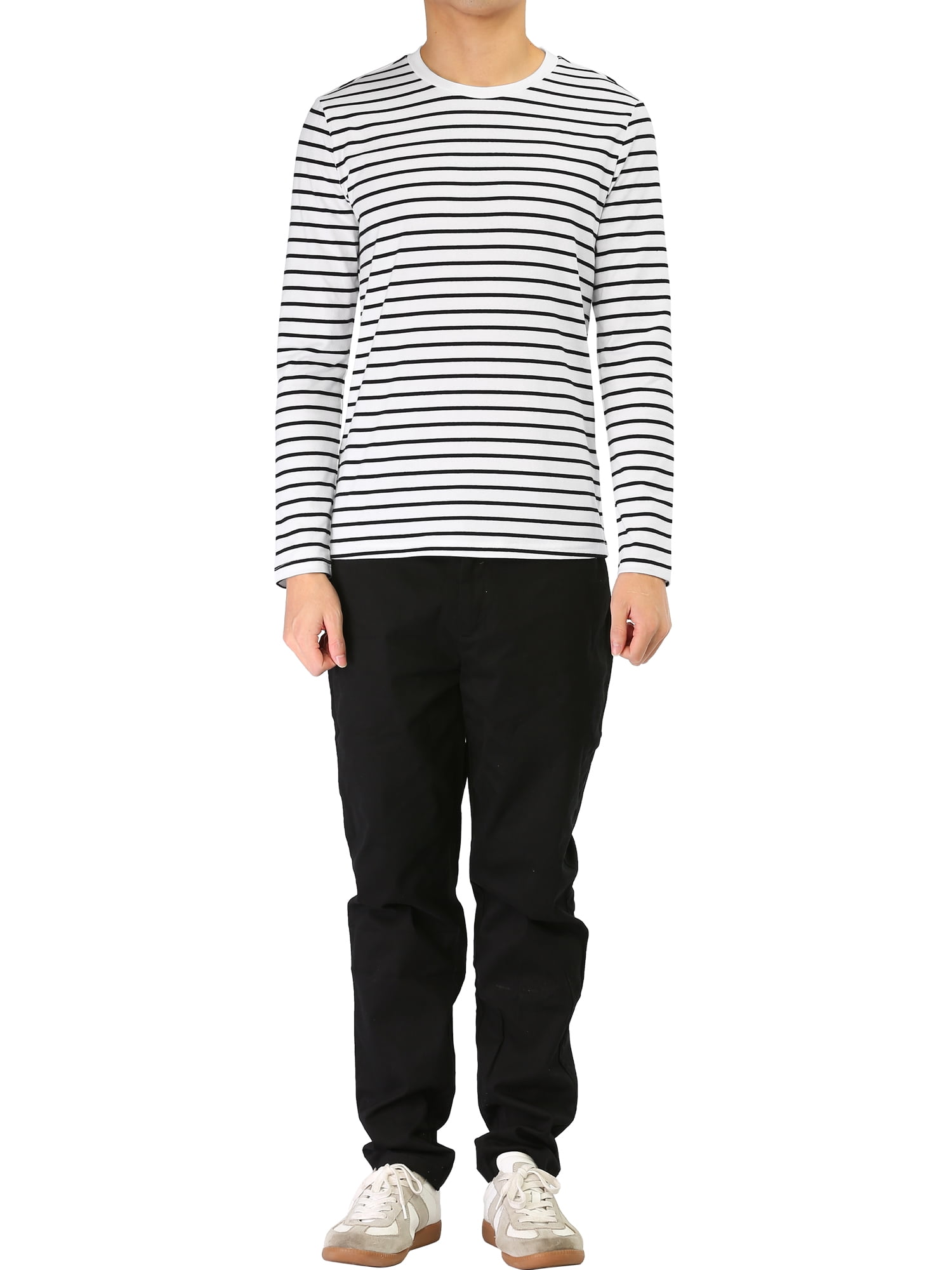 Unique Bargains Men's Long Sleeve Pullover Top Crew Neck Striped T-Shirts 50 Black and White