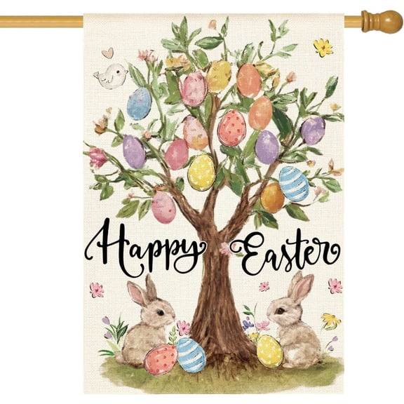 Happy Easter House Flag 28x40 Inch Double Sided Outside, Easter Eggs Tree Bunny Holiday Yard Outdoor Flag