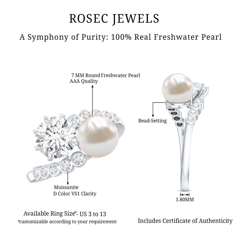 Rosec Jewels Genuine Pearl Moissanite Toi Et Moi Engagement Ring