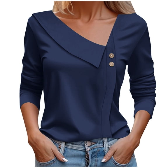Tops for Women Asymmetrical Neck Long Sleeve Button Collared V Neck 2026 Fashion Dressy Casual Work Blouses