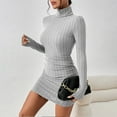 thumbnail image 5 of Women's Turtleneck Ribbed Knit Sweater Bodycon Dress Casual Solid Long Sleeve Dresses Simple Slim Fit Short Dress, 5 of 7