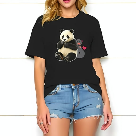 Cute Panda Graphic Oversized Cotton T-Shirt - Adorable Illustration of Panda Embracing with Hearts - Casual Short Sleeve Tee for Women