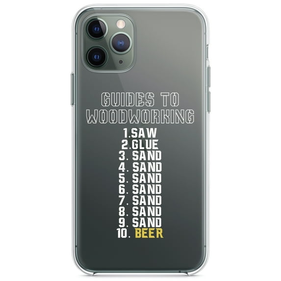 DistinctInk Clear Shockproof Hybrid Case for iPhone 13 Pro MAX (6.7" Screen) - TPU Bumper Acrylic Back Tempered Glass Screen Protector - Guides to Woodworking Saw Glue Sand Beer