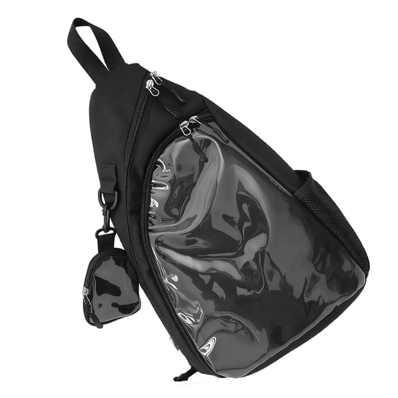 Black Kawaii Sling Bag with Clear Window, Ita Bag Large Pin Display Chest Pack, Multi-Pocket Crossbody Shoulder Bag with Coin Purse, 17.7 in / 45 cm High for Casual Commute, School