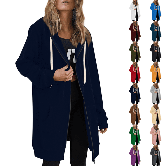 Zip Up Hoodies Womens Long Sleeve Long Tunic Sweatshirts Oversized Fleece Casual 2026 Fall Jacket Coat with Pocket Navy M