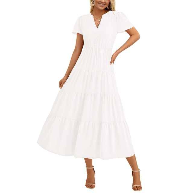 Vestido PRETTYGARDEN para mujer, midi, manga corta, cuello en V