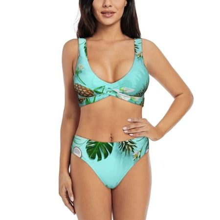Zeuib Tropical Pineapple High Waisted Tummy Control Bikini Set - Knot Front Push Up Top & Cheeky Thong Bottom  Two-Piece Swimsuit for Women-Medium