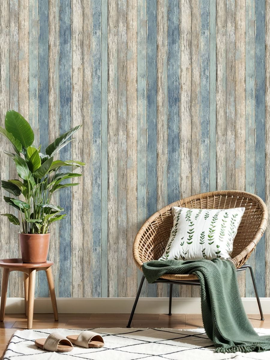 Peel and Stick Wallpaper 23.6in x 9.8ft Vintage Blue Neutral Wooden Plank Wall Design Contact Paper Vinyl Waterproof Self Adhesive Wall Paper for Shelf Cabinet Hunting Cabin