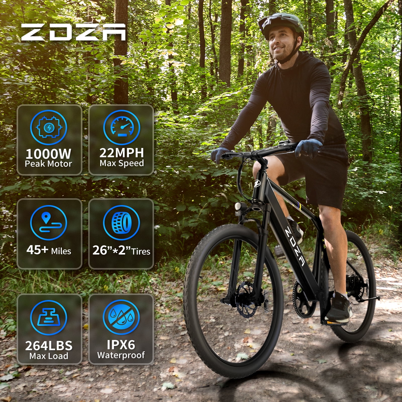 ZDZA Electric Bike 26”, 1000W Peak Motor E-Mountain Bike
