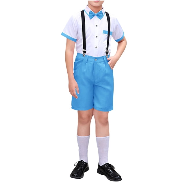 Odeerbi Chicos 4 Pcs Caballero Traje Formal Manga Corta Camisa de Vestido + Traje Pantalones Cortos + Corbata + Colgantes Set de Trajes de Boda