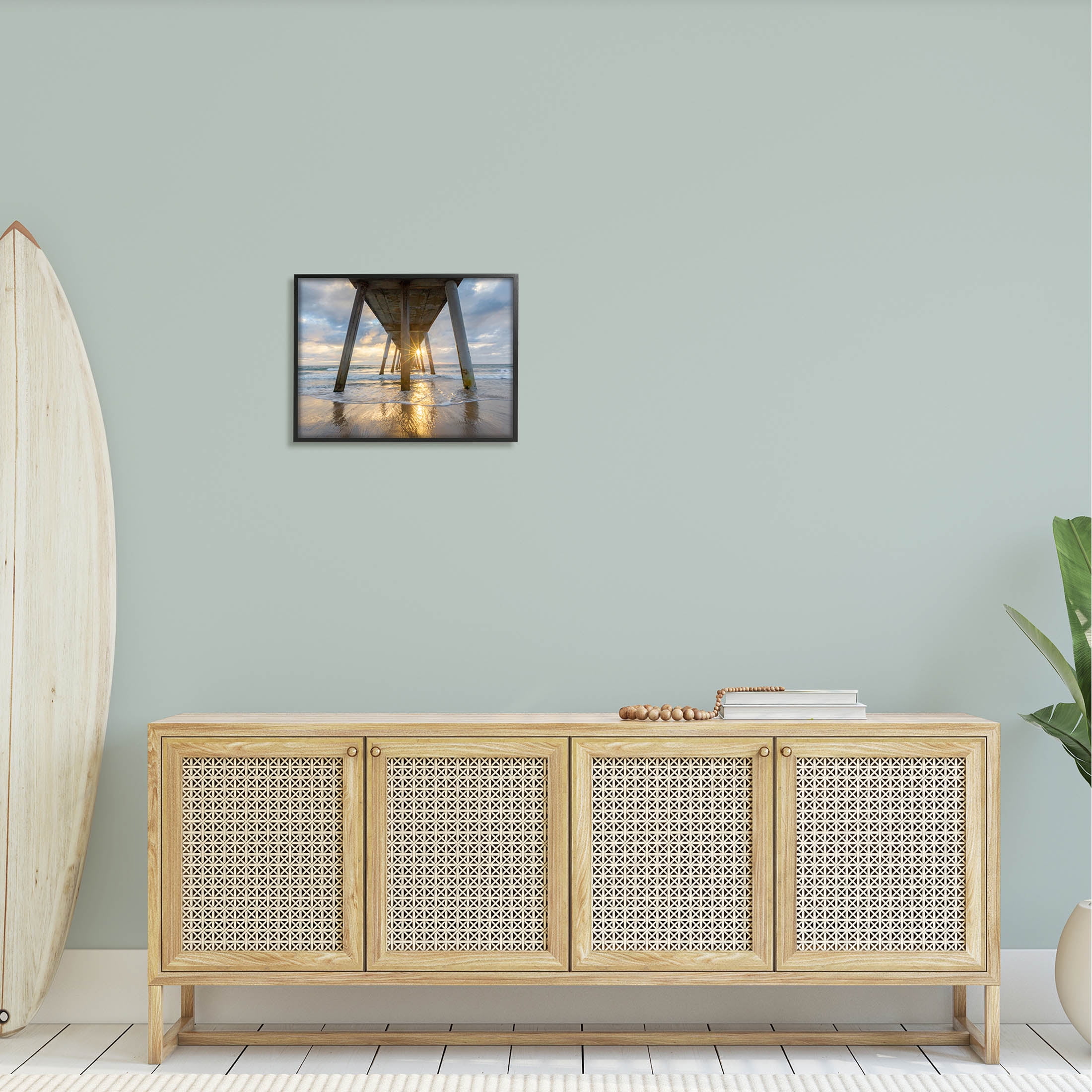 Looming Pier Beach Waves Coastal Photograph Black Framed Art Print Wall Art