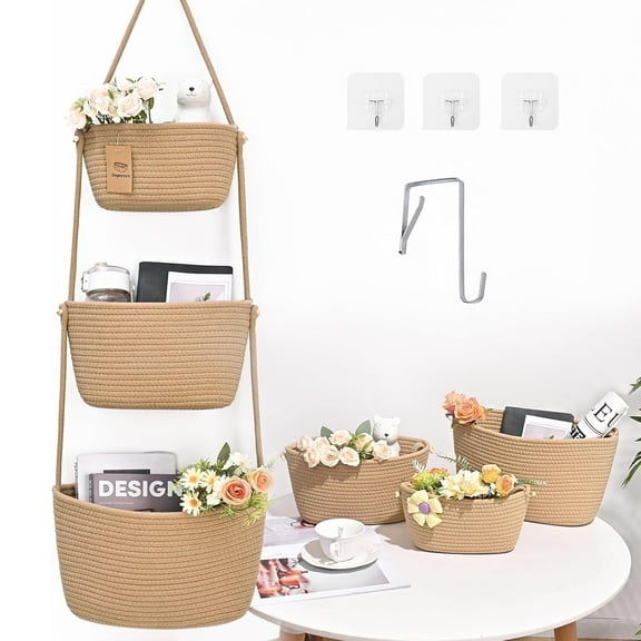 Natubeau Hanging Storage Baskets, 3-Tier Wall Mount bags , Detachable Cotton Basket with 4 Hooks, over the Door Organizer for Bedroom, Living Room, Bathroom,Jute