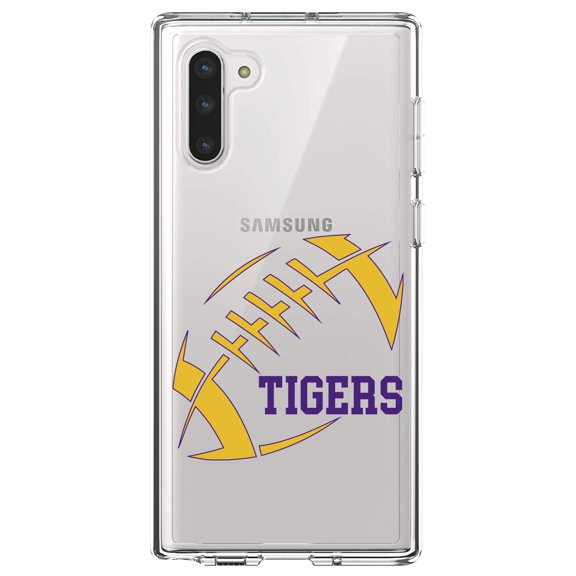 DistinctInk Clear Shockproof Hybrid Case for Samsung Galaxy Note 10 (6.3" Screen) - TPU Bumper, Acrylic Back, Tempered Glass Screen Protector - Tigers Football - Purple, Gold