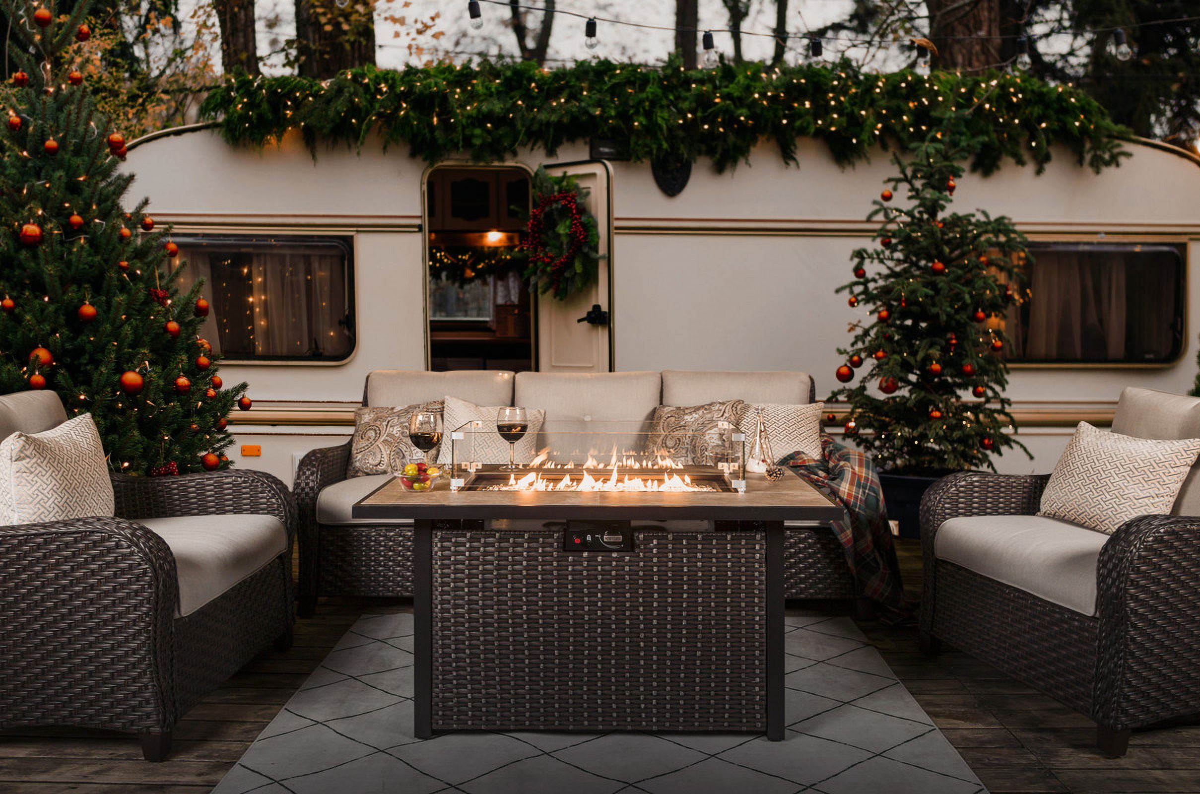 Nuu Garden Outdoor 43 Inch 50,000 BTU Propane Gas Fire Pit Table, Ceramic Tabletop Outdoor Fire Pit Table with Lid,Glass Fire Pit Wind Guard,Cover and Glass Beads, Dark Brown