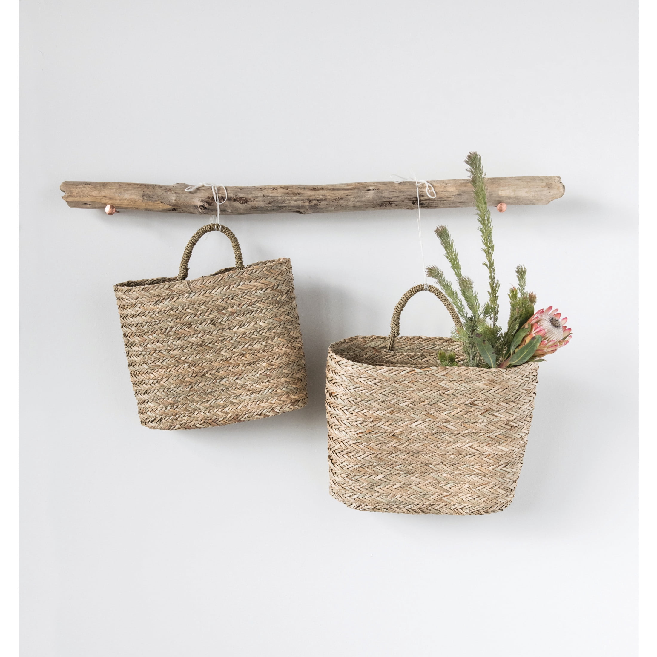 Creative Co-Op Handwoven Seagrass Wall Mount Baskets with Handles, Natural, Set of 2