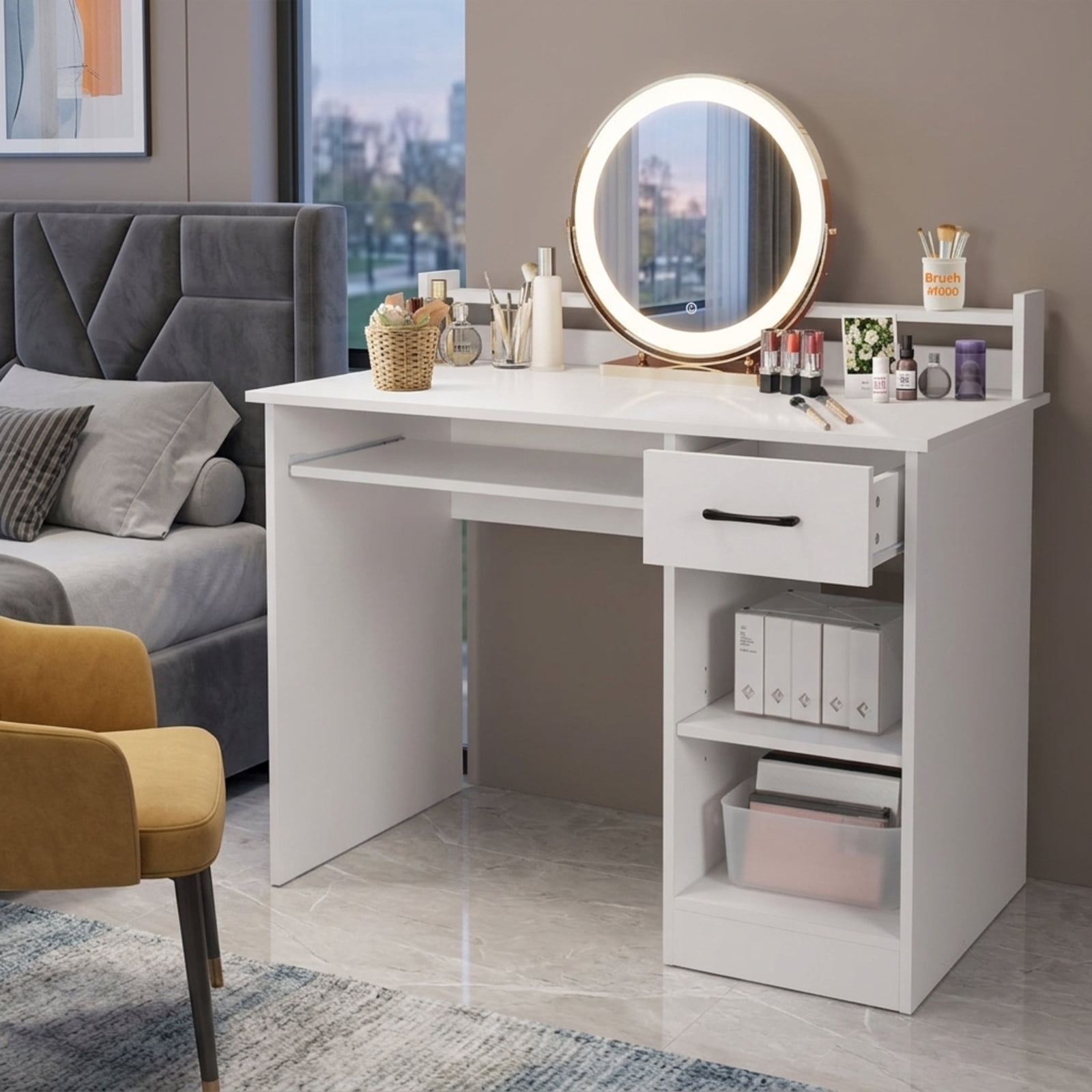 Furnibear Study Laptop Table Computer Desk with Drawer Keyboard Tray and Adjustable Shelf for Home Office Bedroom Study, White