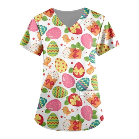 

Fragarn Scrub Tops Women Print Print Nurse Uniforms for Women Short Sleeve V-Neck Shirts Tee Tops with Pockets(Multicolor 2XL)