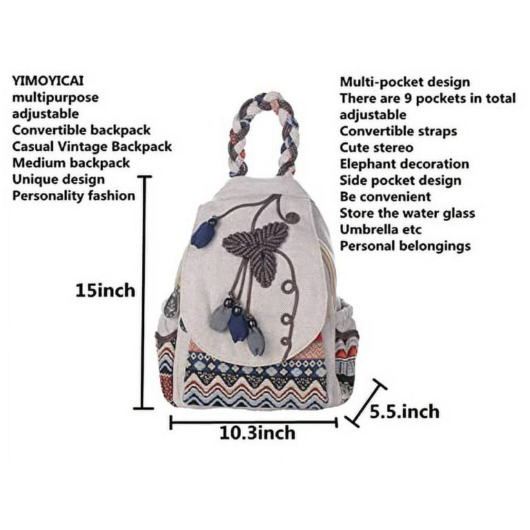 YIMOYICAI Women's Convertible Boho Backpack - Woven Canvas Embroidered Daypack, Laptop Bag, Travel Purse