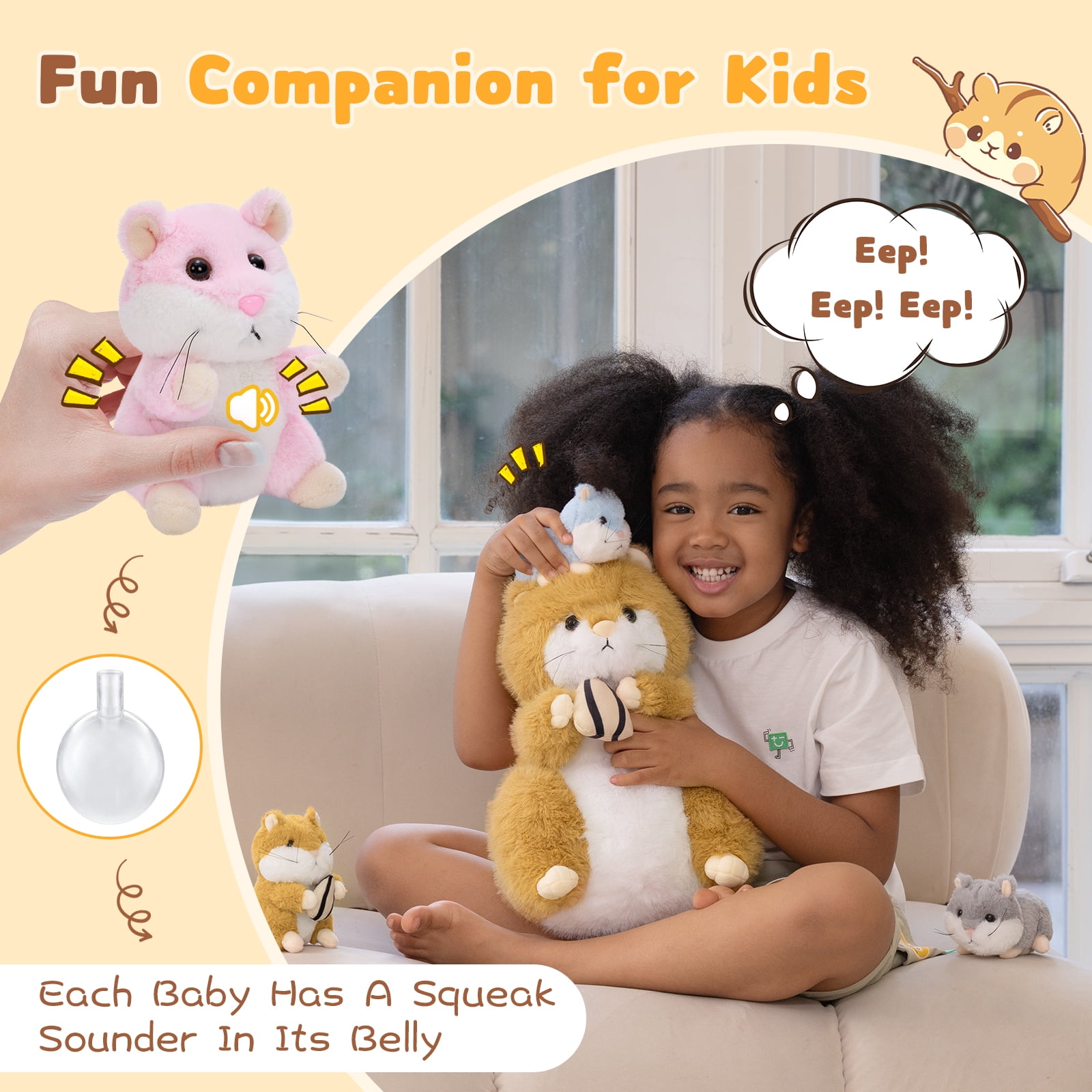 MorisMos Cute Hamster Plush Toy Set with 4 Baby Plush Toys, Soft Hamster Stuffed Animal with Sunflower Seed