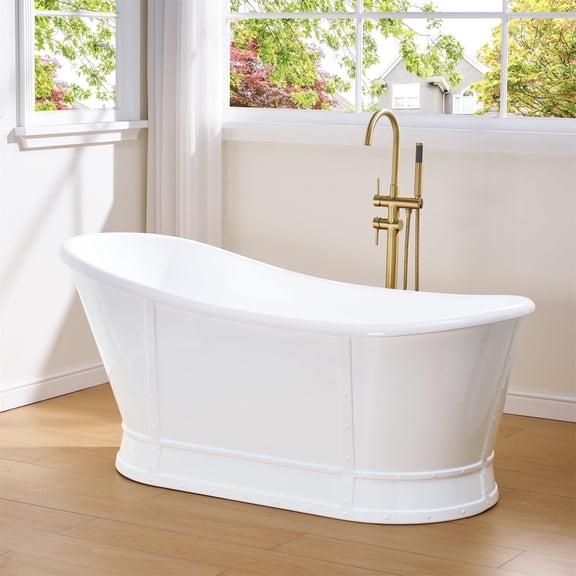 ANGELES HOME 66"Acrylic Freestanding Bathtub, Soaking White Bathtub with White Drain and Integrated Slotted Overflow Included, Glossy White