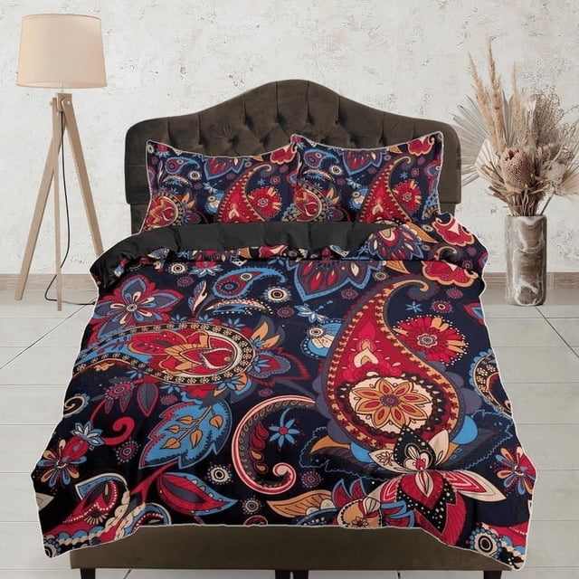 Colorido Paisley Rojo Azul Oscuro Juego de Funda Nórdica, Estética Habitación Decoración Ropa de Cama