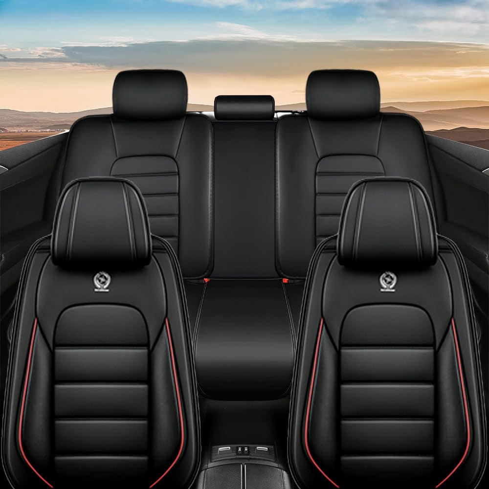 AFUNTIO Leather 5 Seat Covers for Chevy 99% Models,Car Seat Cushions Full Set,Waterproof Car Sit Protectors,Nonslip Interior Accessories(Black and Red)