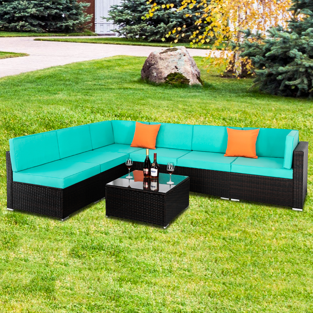 uhomepro 7-Piece Outdoor Furniture, Patio PE Rattan Wicker Sectional Sofa Set with Two Pillows, Coffee Table, All Weather Outdoor Couch, Durable Chat Set for Porch Poolside Balcony, Blue, Q9867 - image 3 of 13
