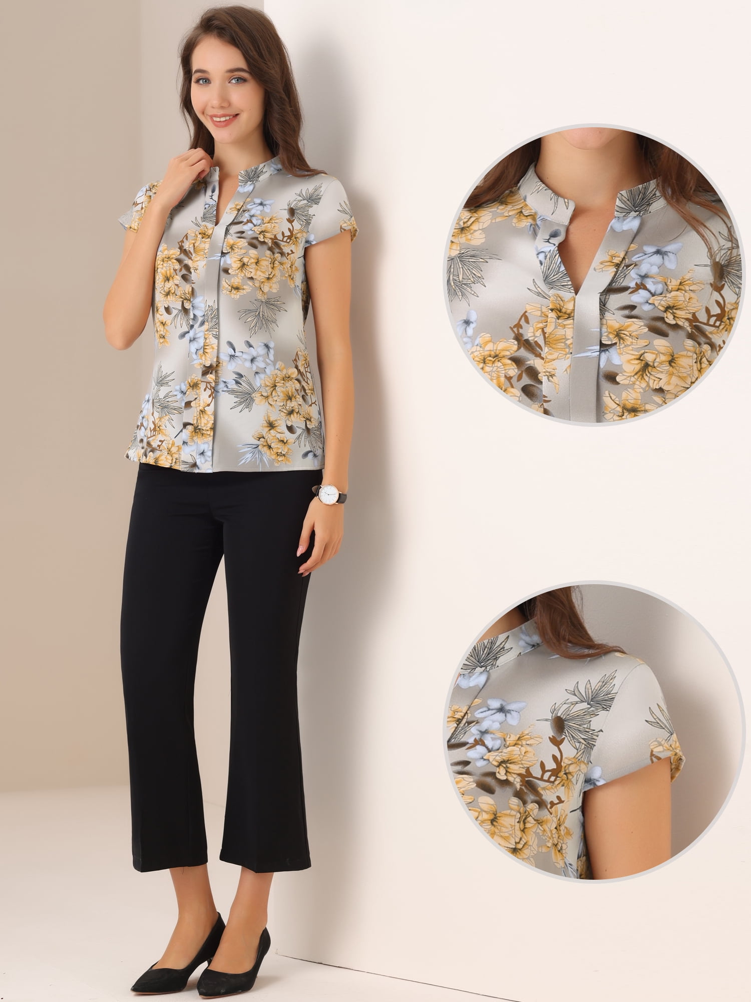 DARING DIVA Floral Vintage Cap Sleeve Casual Blouse L Gray Apricot