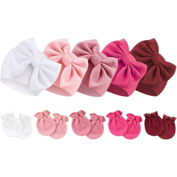 Dalrosia Newborn Baby Hats and Mittens Set Infant Bow Beanie Cap Toddler Gloves Newborn Hospital Hats for Baby Boy Girl 0-6 Months