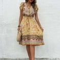 thumbnail image 4 of Wycnly Womens Dresses Beach Vacation Vintage Bohemian Elastic Waist Flowy Swing A Line Dresses Summer Floral Print V-Neck Short Sleeve Formal Midi Dress Yellow l, 4 of 5