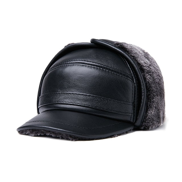 Qarigey Gorros de invierno de cuero de mediana edad forro polar cálido orejeras sombrero estilo Vintage sombrero térmico caminar al aire libre Sombreros gris negro ;2XL{59-60} Qarigey AP013136-09