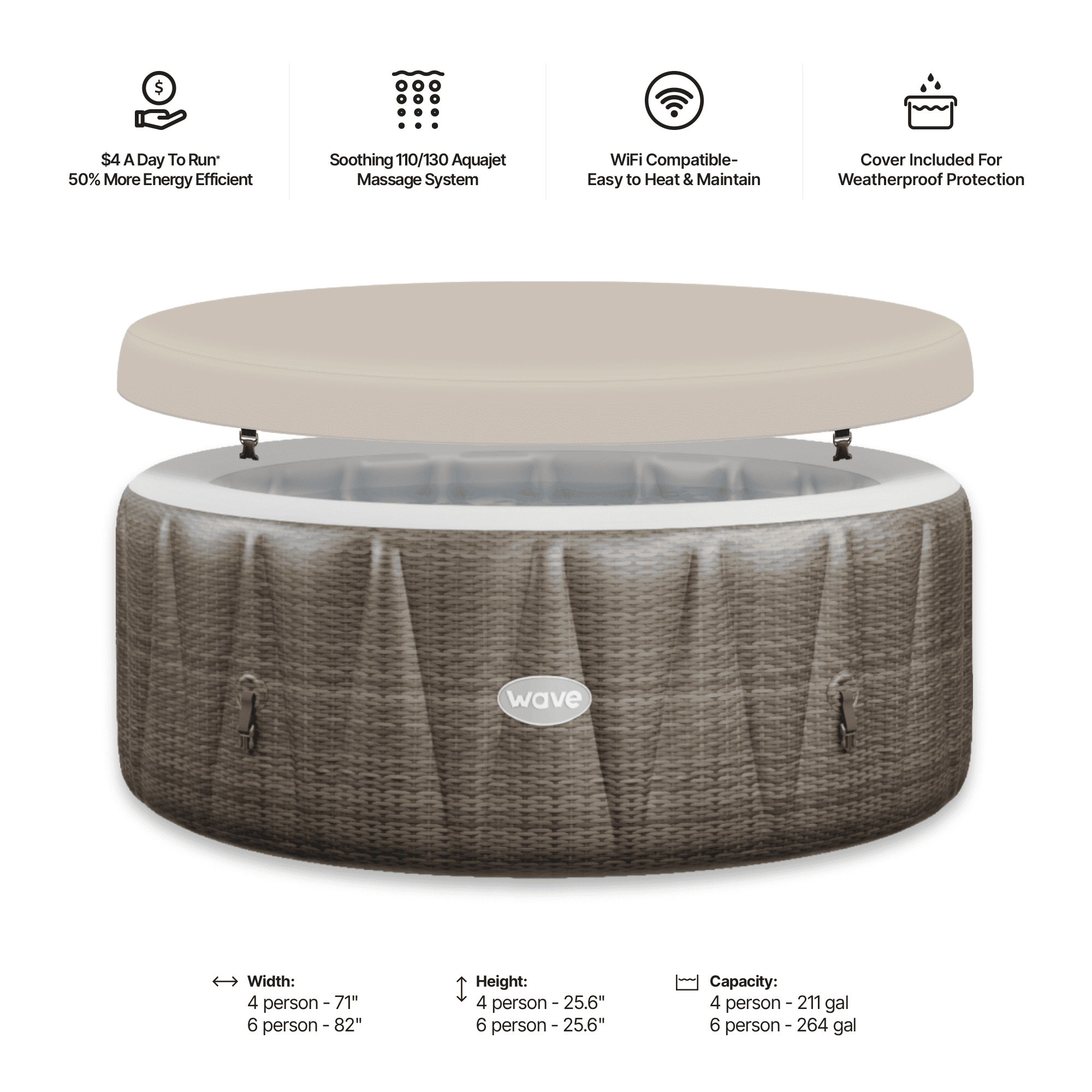 Wave Atlantic 6-Person Inflatable Hot Tub, EnergySave Bundle | 130-Jet | Brown Rattan